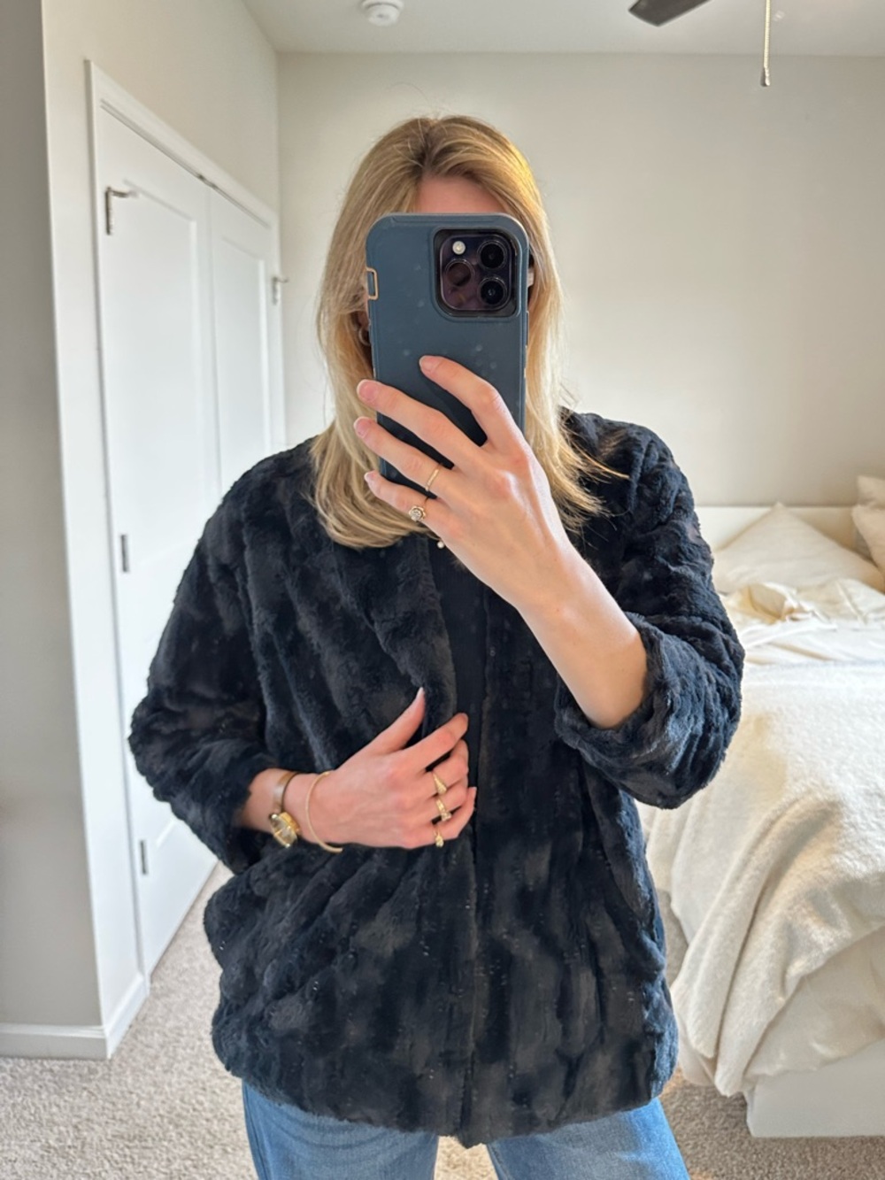 Anthropologie Tiny Additions Navy Faux Fur Women's Jacket - Cozy Coat Size XS